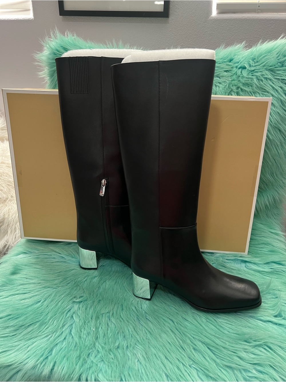 NIB Michael Kors Black Knee-High Leather Boots with Silver Block Heel size 9